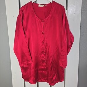 Victoria's Secret VTG Gold Label Silk Pajama Long Sleeve Shirt Dress Top Med Red